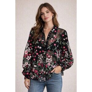 CQ by CQ Women Large Artsy Sheer Floral Puffed Sleeves Blouse Preppy
